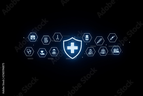 Health care symbols and icons on a dark background representing medical services and equipment in modern health care