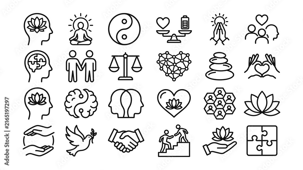 Fototapeta premium Collection of diverse icons representing health wellness and human connection concepts