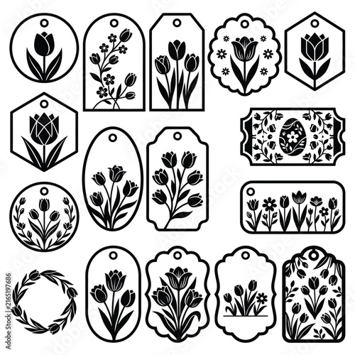 Black and White Floral Elements Set with Flowers, Leaves, Branches and Butterfly Silhouettes for Vintage Tattoo, Ornament, Pattern and Decorative Vector Design