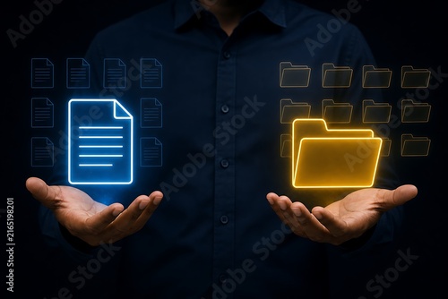 Hands holding glowing document and folder icons in dark setting