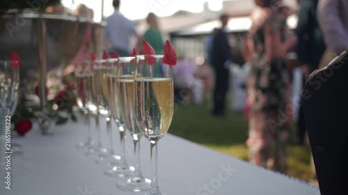 Champagne and strawberries row of glasses summer party wedding celebration