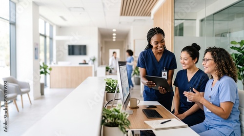 Three nurses in scrubs smile while reviewing a tablet at a reception desk with computer and paperwork in a modern clinic lobby; patients and staff are blurred in back