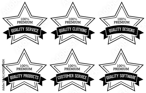 Six star badges with textual labels for assurance service clothing products