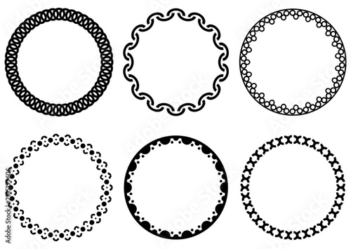 Six decorative circular frames with intricate patterns circle border