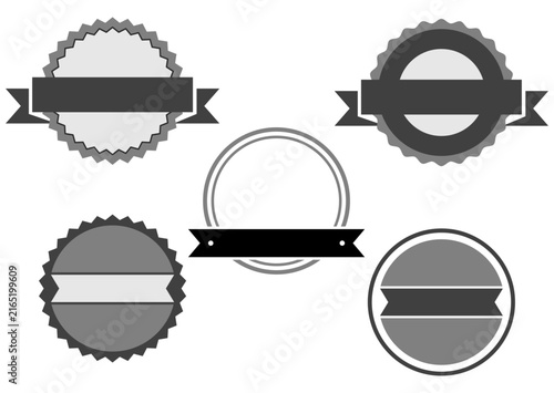 Collection of five retro style badges and ribbons on a white background, vintage emblem