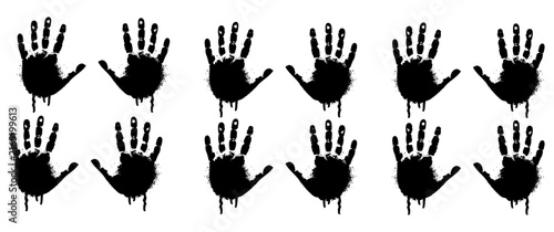 Spray paint handprint silhouettes with dripping effect on white background