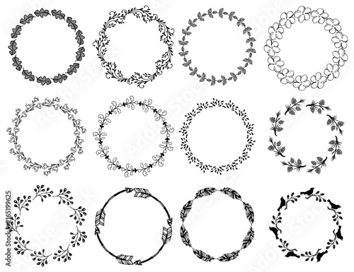 Collection of hand-drawn circular floral and natural wreaths circle flower leaf