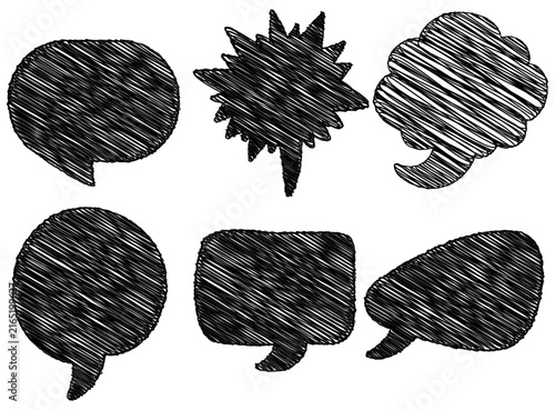 Six hand-drawn speech bubbles with scribbled texture on white background, talk communication message