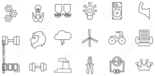 Collection of outline gears, lightbulb, train cars, heart bulb, speaker, arm, dumbbells, lion, cloud, wind turbine, tractor, printer, bricks