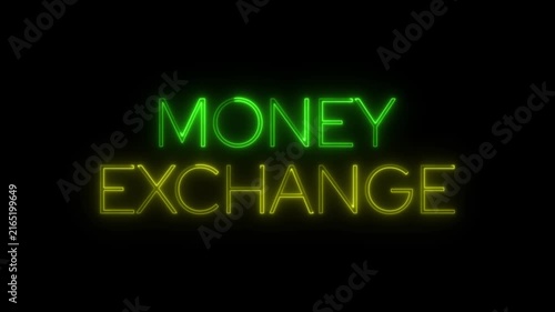 Money exchange neon sign glowing in green and yellow on dark background.