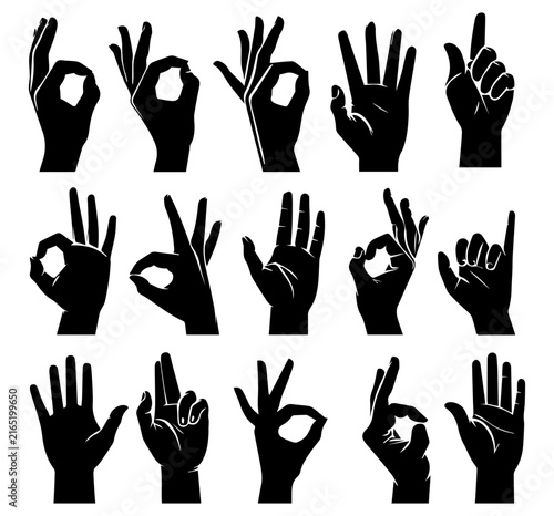 Collection of black silhouette hand gestures on white background
