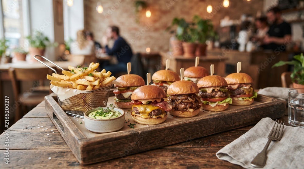 Fototapeta premium Gourmet slider burger platter served with crispy french fries and creamy dipping sauce on rustic wooden serving tray inside cozy restaurant setting
