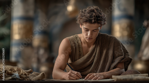 Joseph in Potiphar’s house writing on a scroll in ancient Egyptian setting with focused atmosphere
