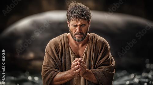 Jonah praying inside the belly of a great fish in an ancient biblical scene with glowing atmosphere