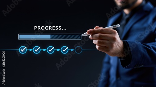 Businessman interacting with a digital project progress loading bar and task completion checklist.