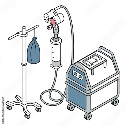Medical infusion pump and IV stand with a bag are shown in an isometric line art illustration.