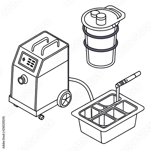 Industrial kitchen equipment set includes a deep fryer and a large water cooler.