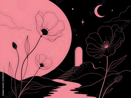 surreal fantasy Pink and black with a stylized flowers line art simple