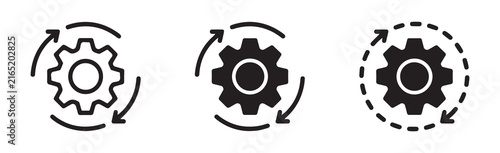 System configuration and processing icons showing gears surrounded by rotating arrows for software updates maintenance and industrial workflow.