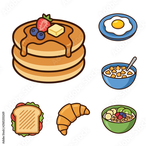 Set of delicious breakfast food icons including pancakes, eggs, cereal and croissant.