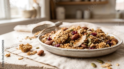 Healthy granola served in rustic bowl with almonds and cranberries