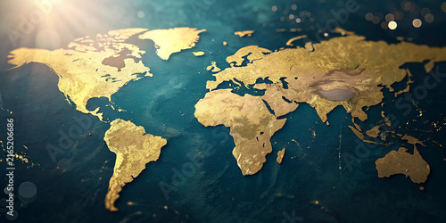 Golden World Map Wall Art for Modern Home Decor,Stylish gold world map on textured background.