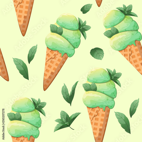 Seamless pattern with mint ice cream. Summer dessert. Vector illustration.
