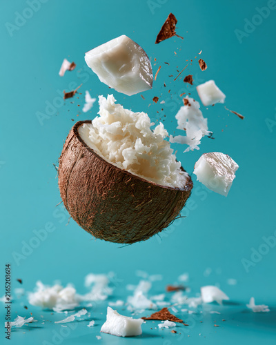 Coconut shattered food portraiture shell flesh tropical turquoise fragment motion flying coconut piece with white meat, brown shell, debris, studio splash scene, fresh exotic ingredient