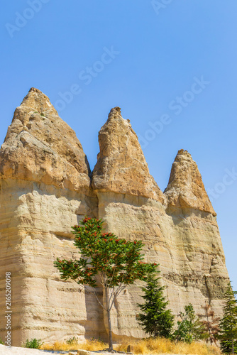 Scenic view of Love valley in Cappadocia with volcanic rock formations. The concept represents nature, conservation, exploration, tranquility, ecotourism, destination, heritage, sustainable travel