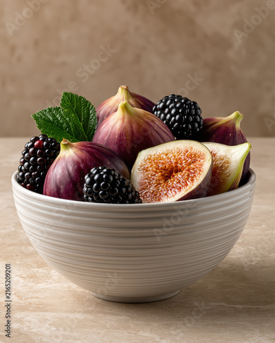 Fig, blackberry, bowl, fruit, leaf, fresh figs, still life with sliced fig and blackberry in ceramic bowl on beige stone background