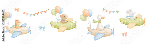 Seamless border with cute goose, bear and fox flying vintage plane. Childish characters for kids. Watercolour illustrations on isolated repeating background for birthday design, party flags