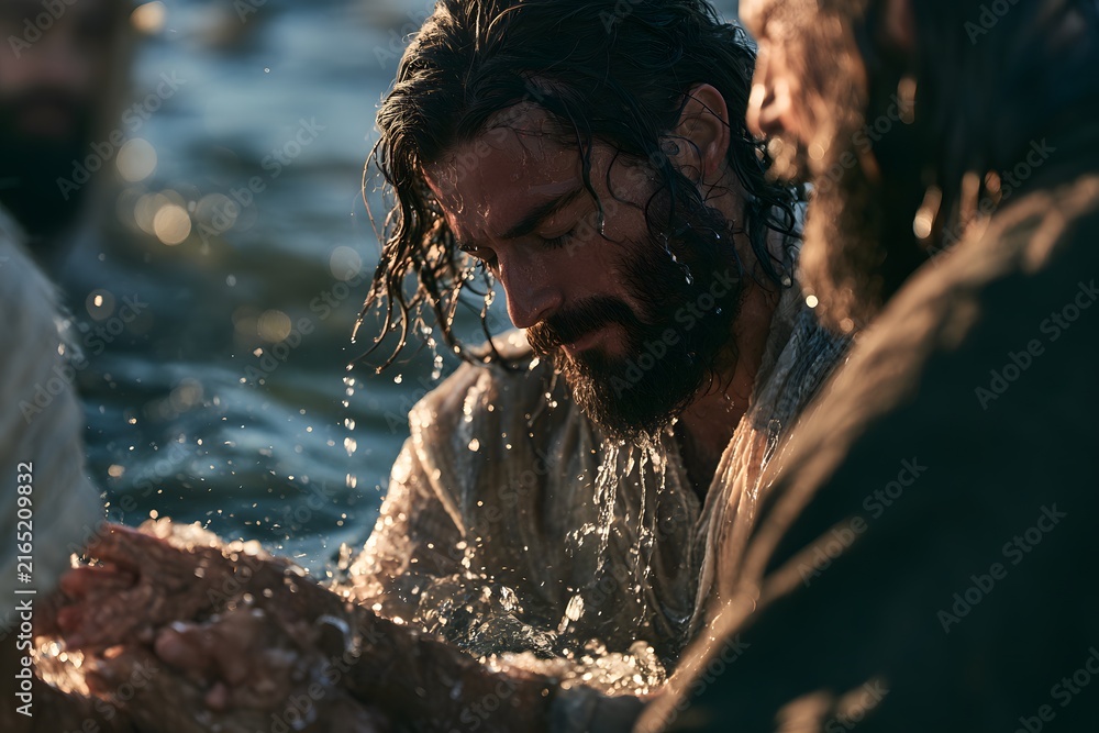 Fototapeta premium Close up of a man with long hair and beard being baptized in water with light reflecting