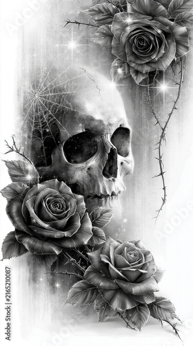 Skull rose thorn vine gothic monochrome dark floral artwork with skull and blooming rose tangled thorn and vine misty fantasy tattoo style
