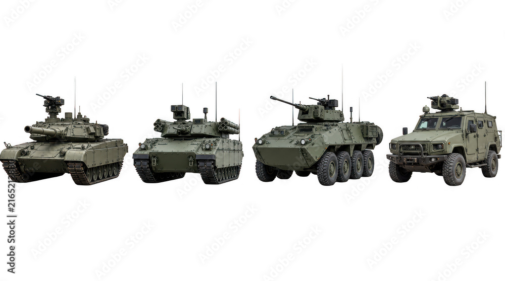 Fototapeta premium Set of heavy military armored combat vehicles including tanks and armored personnel carriers, concept of national defense and military warfare isolated on transparent background.