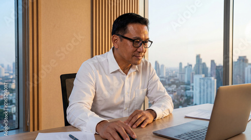 thoughtful focused Asian businessman with distinct facial features