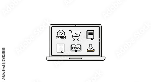 Laptop with online shopping icons.
