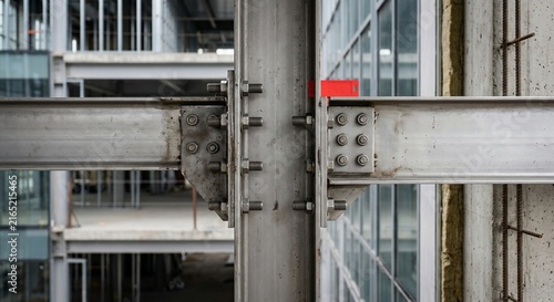 Structural steel beam connection with heavy bolts in modern building construction