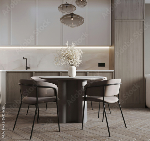 Refined modern dining space with a round table, upholstered chairs, warm wood cabinetry, marble backsplash and soft integrated lighting.