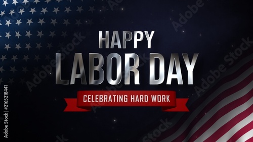 Foto Metallic silver Happy Labor Day greeting featuring a waving USA flag, glowing particles and a red ribbon celebrating hard work and the American workforce