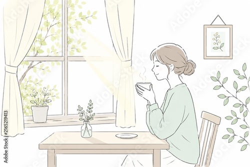 窓辺のテーブルで飲み物を飲む女性、穏やかな日差しが差し込む部屋でリラックスする時間イラスト