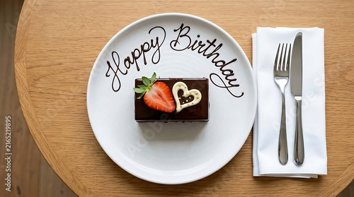 Happy birthday chocolate dessert with strawberry and heart decoration on a wooden table