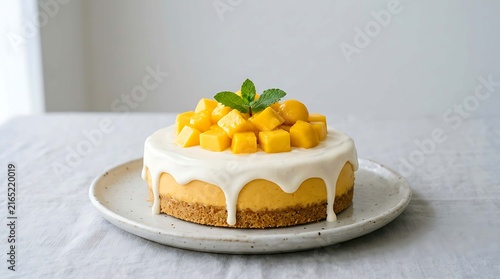 Delicious lemon cheesecake with fresh mango topping and white icing drizzle on a plate