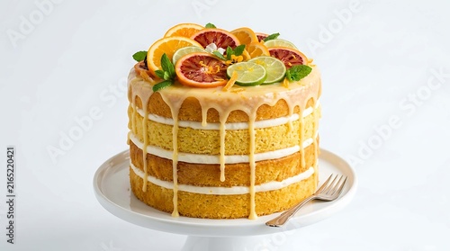 Delicious layered cake with fresh fruit toppings including orange, lime, and pomegranate seeds