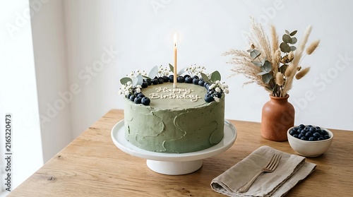 Elegant birthday cake with blueberries and a single candle on wooden table