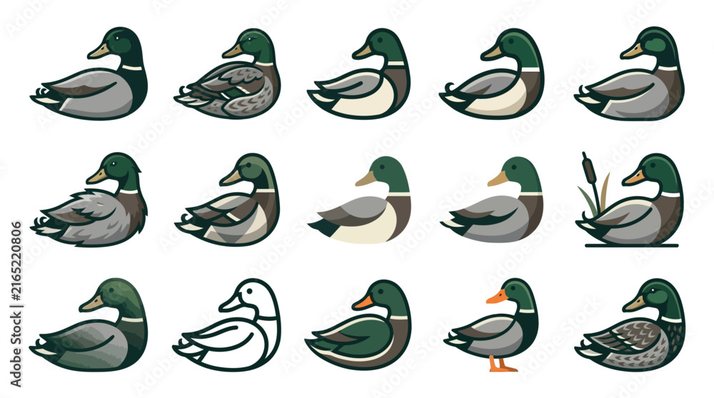 Fototapeta premium Collection of stylized duck illustrations and icons.