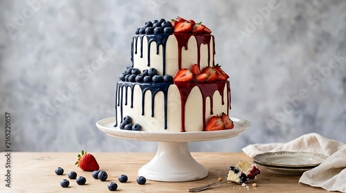 Double layer chocolate cake with fresh strawberries and blueberries drizzled with chocolate