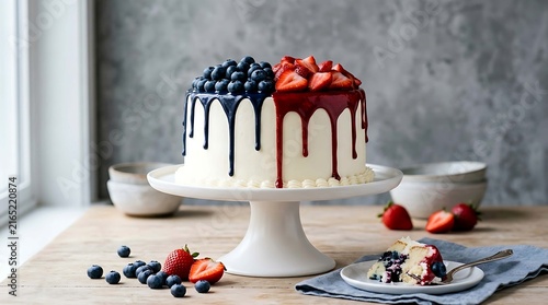 Delicious multilayered cake decorated with fresh strawberries and blueberries on a cake stand