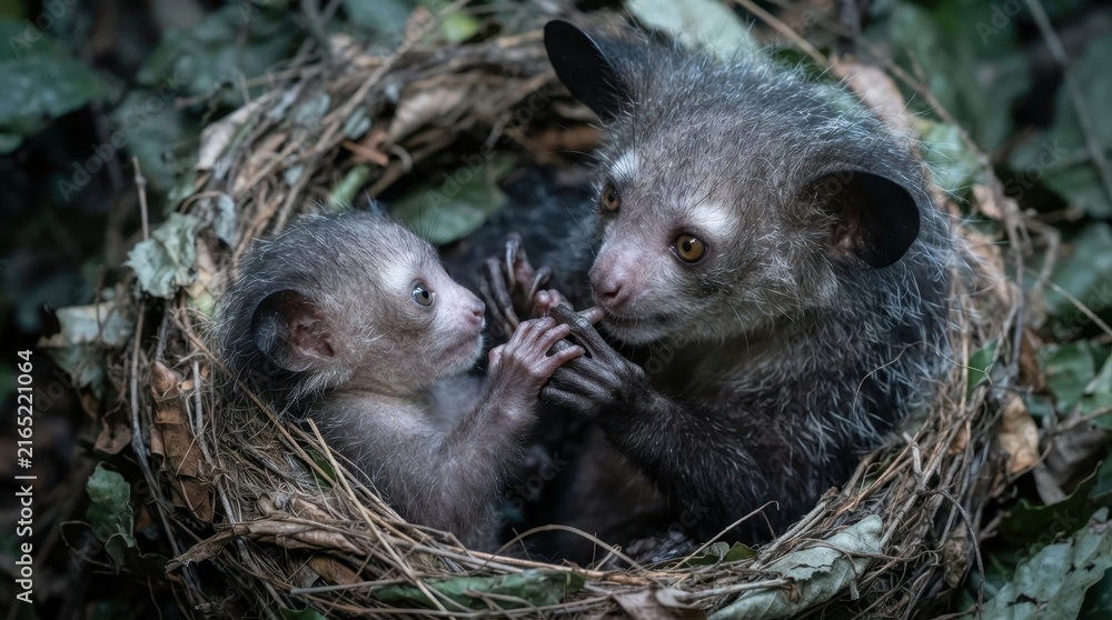 Naklejka premium Aye-aye mother and baby interact tenderly in their natural nest environment