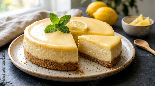 Delicious lemon cheesecake slices with mint garnish on a decorative plate
