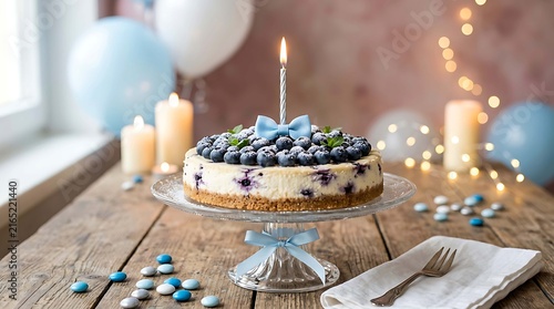 Delicious blueberry cheesecake with a lit candle on a rustic wooden table setting